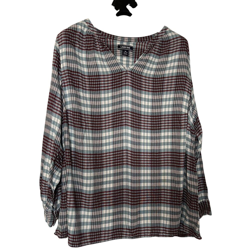 Lands' End Plaid Pleated Mandarin Collar Flannel Popover Shirt Red White Blue 1X